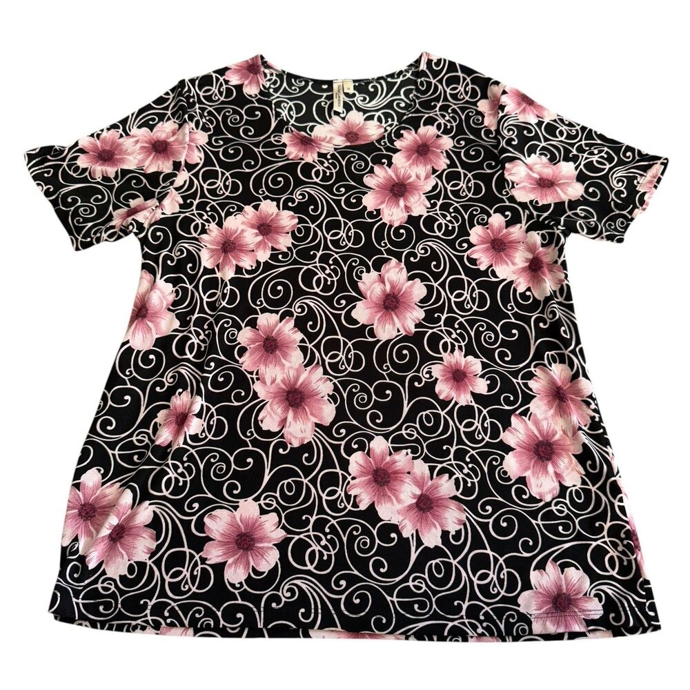 Susan Lawrence Womens Short Sleeve‎ Black  Floral Top Size 1x